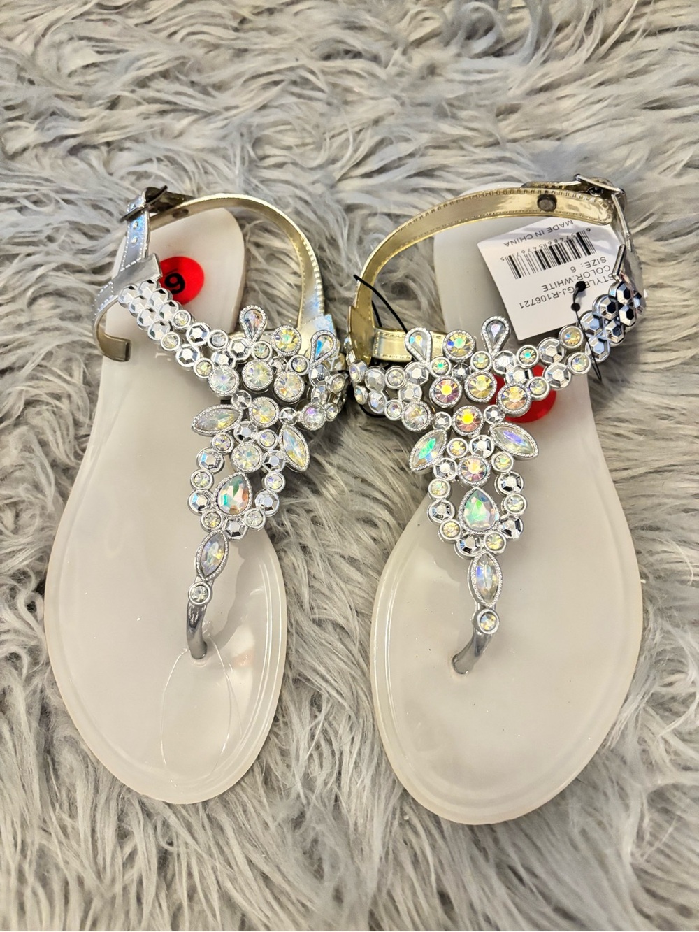 Jeweled T-Strap Sandals in Silver with White Sole Rhinestone